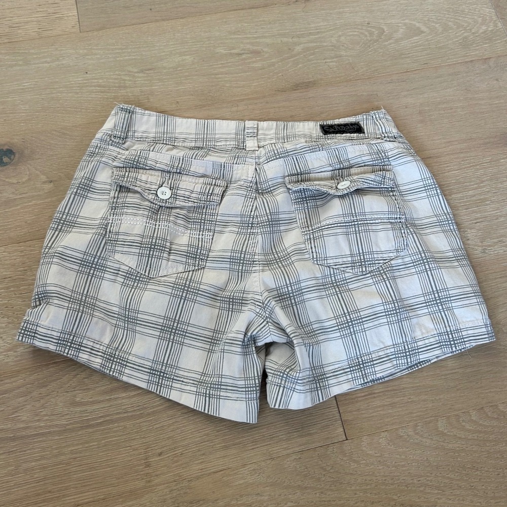 Y2K Plaid Womens White Grey Plaid Stretch Cotton Cuffed Shorts Size 10 - Picture 2 of 9